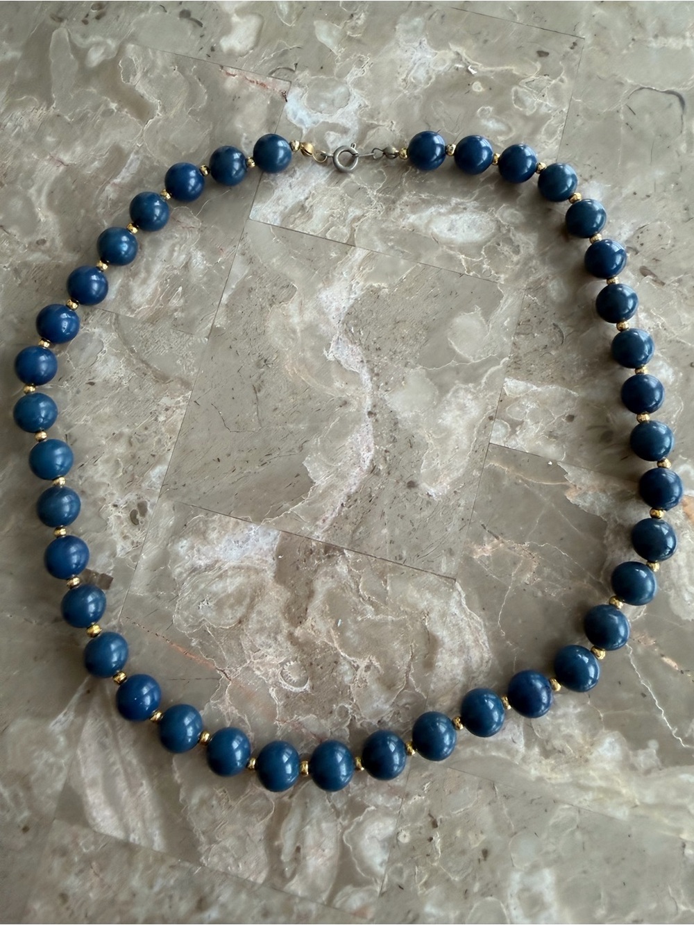 Blue Beaded Necklace with Gold Accents